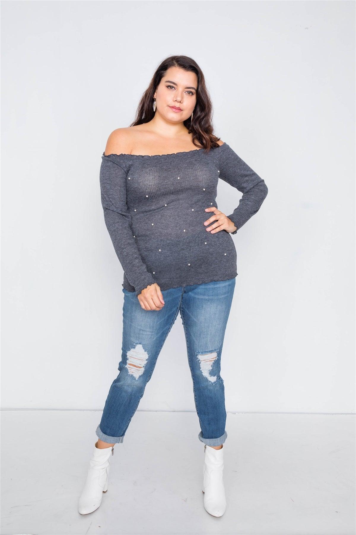 Junior Plus Size Charcoal & Pearl Ribbed Scallop Hem Off-The-Shoulder Top