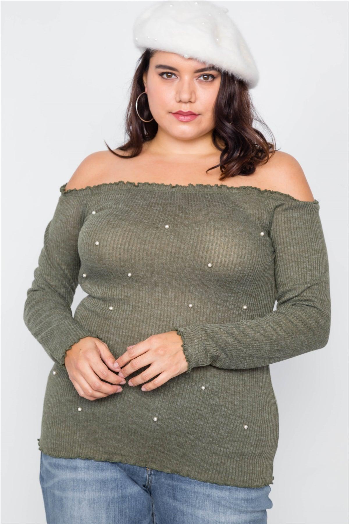 Plus Size Olive & Pearl Ribbed Scallop Hem Off-The-Shoulder Top