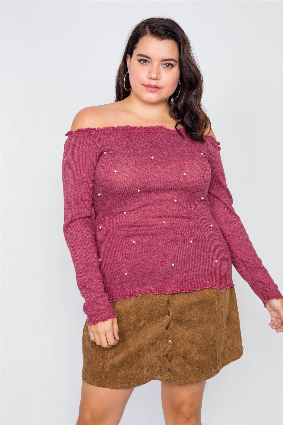 Junior Plus Size Wine & Pearl Ribbed Scallop Hem Off-The-Shoulder Top