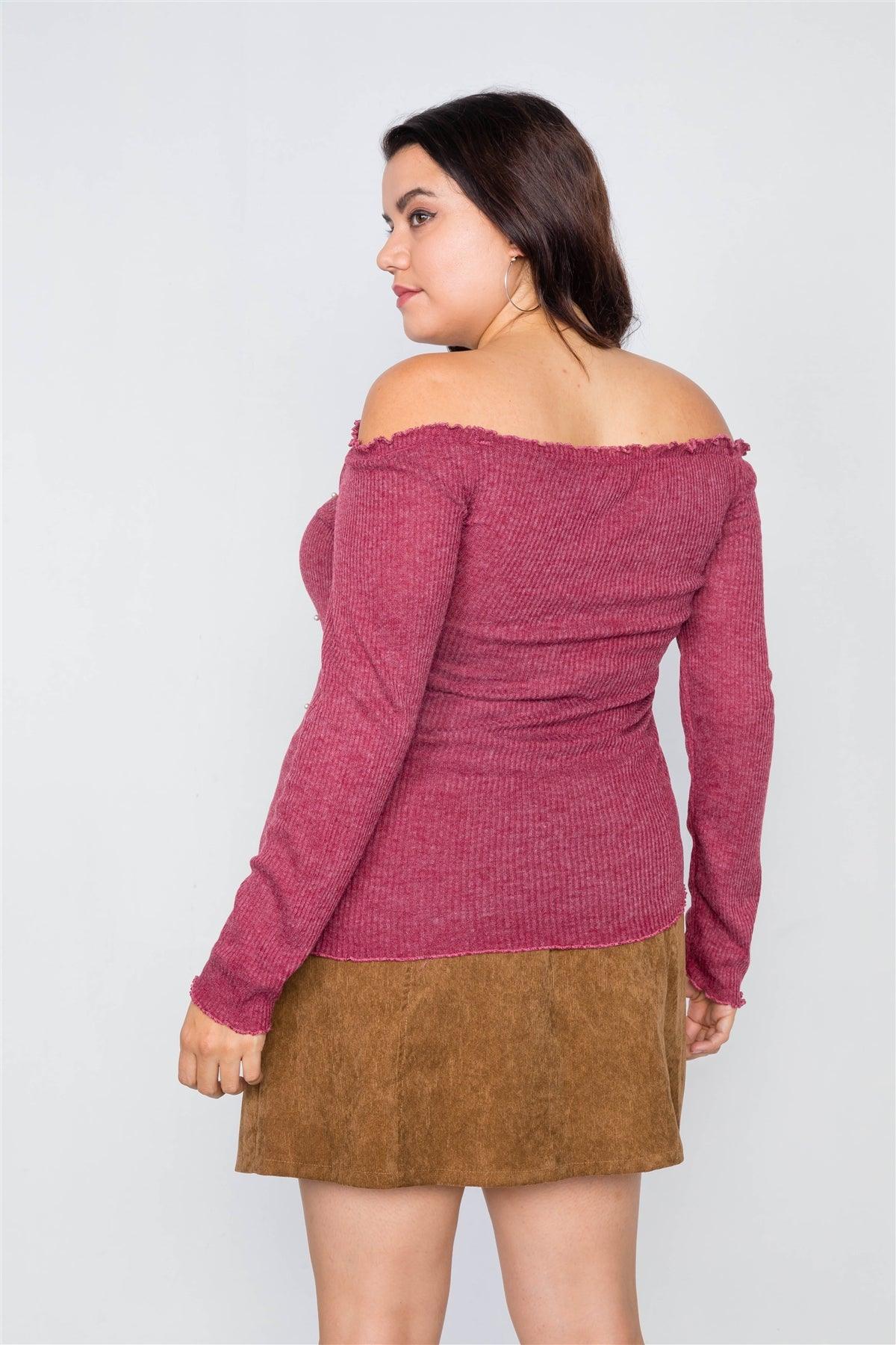 Junior Plus Size Wine & Pearl Ribbed Scallop Hem Off-The-Shoulder Top