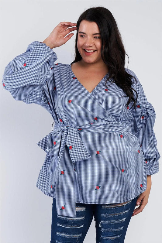 Junior Plus Size Navy Plaid Waist Tie Top /3-2-1 - Tasha Apparel Wholesale