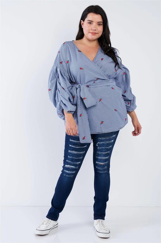Junior Plus Size Navy Plaid Waist Tie Top /4-2-1 - Tasha Apparel Wholesale