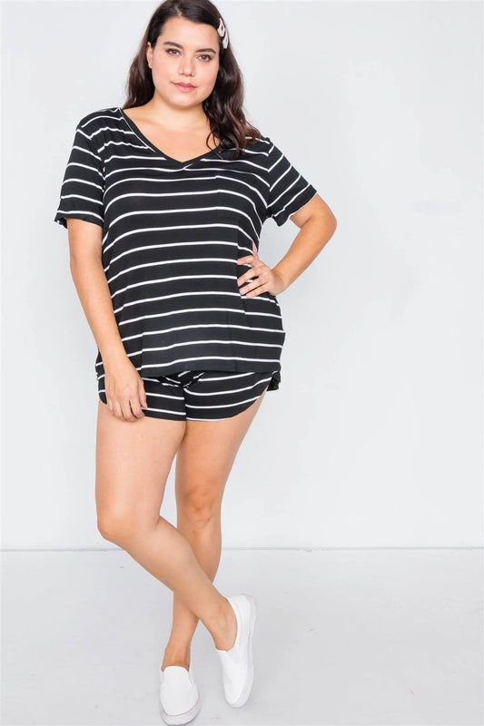 Plus Size Black & White Rolled Short Sleeve Stripe Comfy Short Set /2-2-2 - Tasha Apparel Wholesale