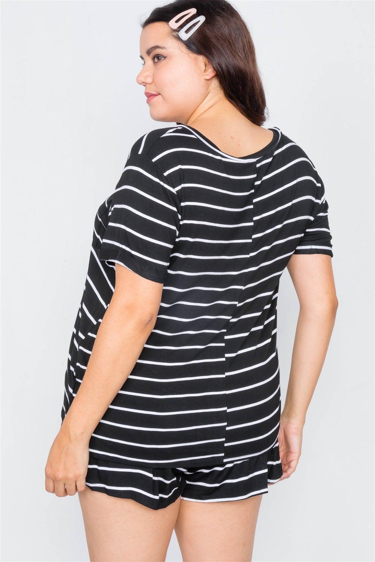 Plus Size Black & White Rolled Short Sleeve Stripe Comfy Short Set  /2-2-2