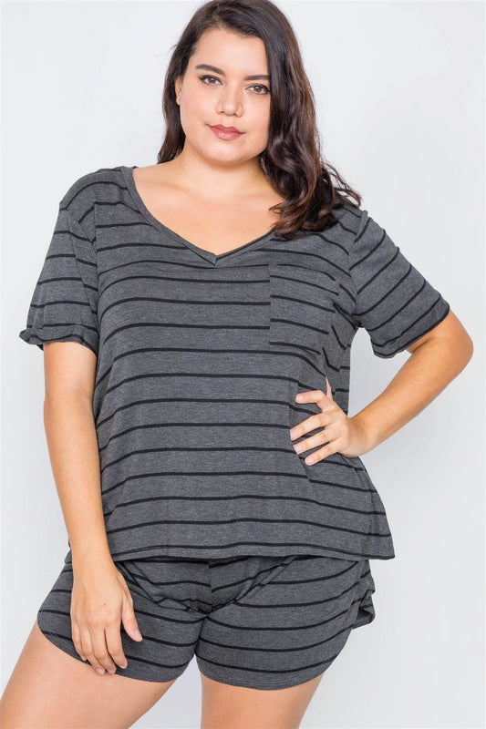 Plus Size Charcoal & Black Rolled Short Sleeve Stripe Comfy Short Set /3-2-1 - Tasha Apparel Wholesale