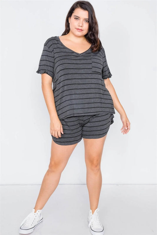 Plus Size Charcoal & Black Rolled Short Sleeve Stripe Comfy Short Set /2-3-2 - Tasha Apparel Wholesale