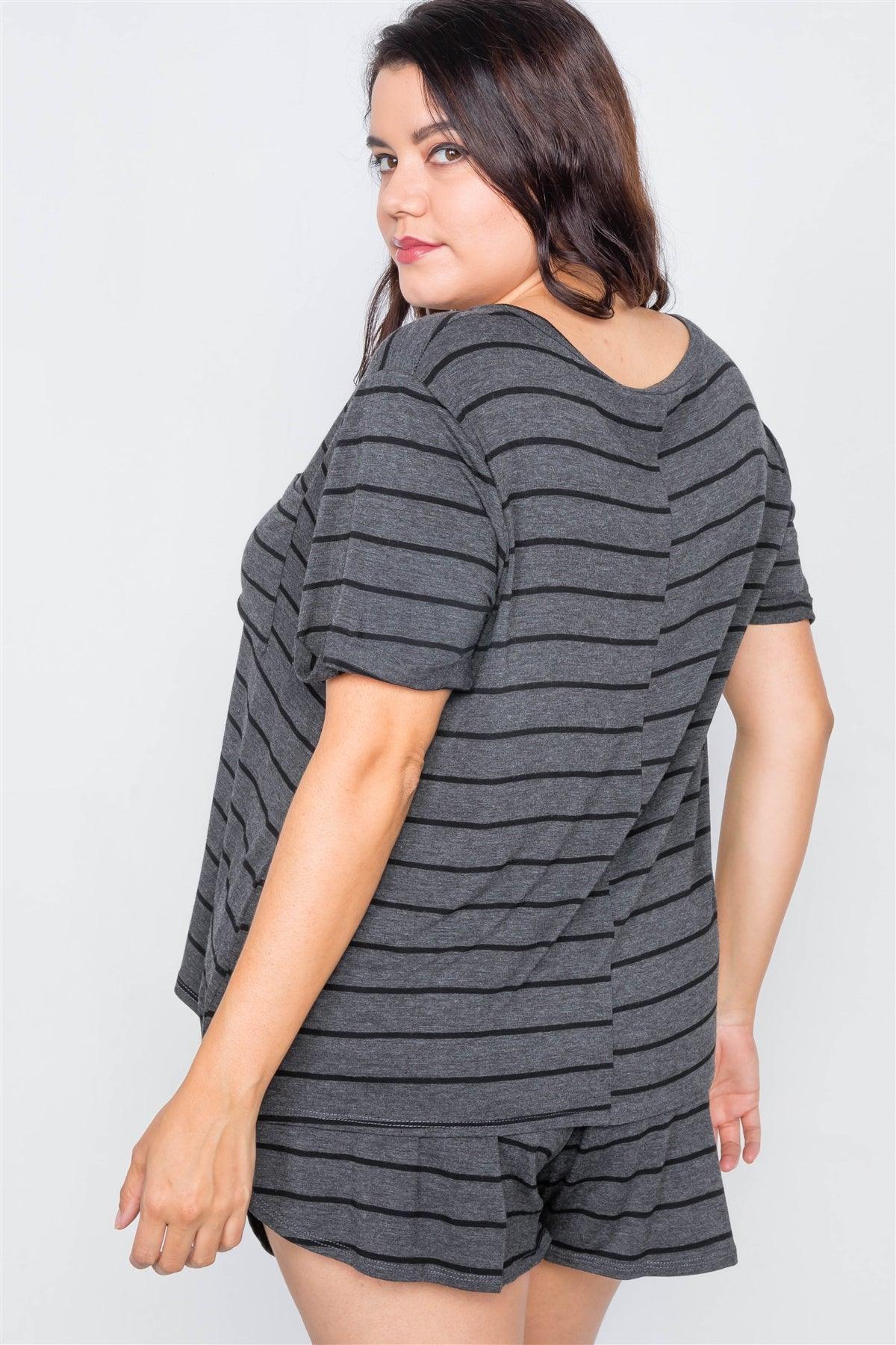 Plus Size Charcoal & Black Rolled Short Sleeve Stripe Comfy Short Set  /2-3-2