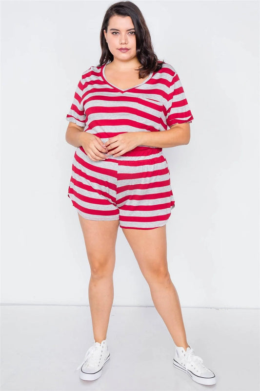 Junior Plus Size Red & Heather Grey Rolled Short Sleeve Stripe Comfy Short Set /3-2-1 - Tasha Apparel Wholesale