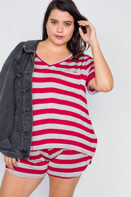 Plus Size Red & Heather Grey Rolled Short Sleeve Stripe Comfy Short Set /1-3-2 - Tasha Apparel Wholesale