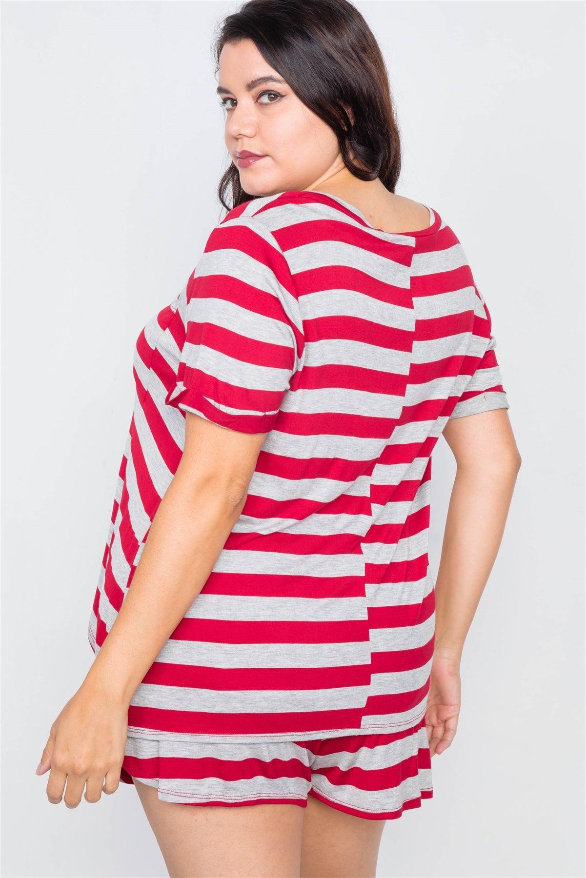 Plus Size Red & Heather Grey Rolled Short Sleeve Stripe Comfy Short Set  /1-3-2