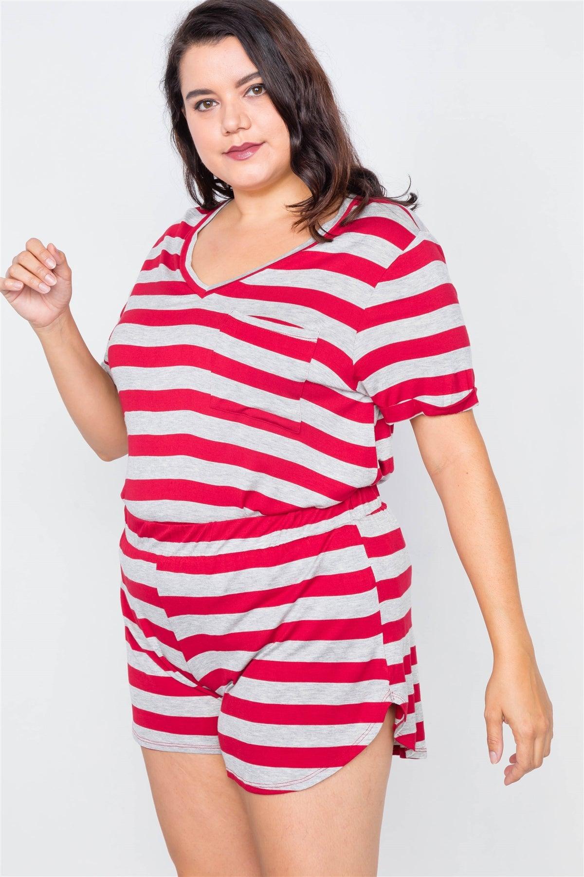 Plus Size Red & Heather Grey Rolled Short Sleeve Stripe Comfy Short Set  /1-3-2