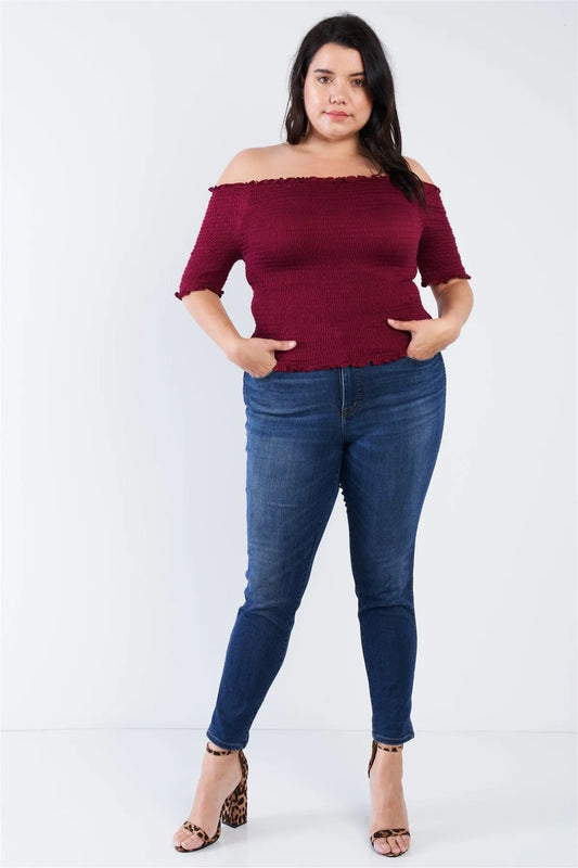 Junior Plus Size Burgundy Off The Shoulder Top /2-2-2 - Tasha Apparel Wholesale