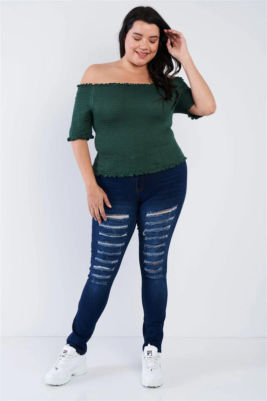 Junior Plus Size Off The Shoulder Hunter Green Top /2-2 - Tasha Apparel Wholesale