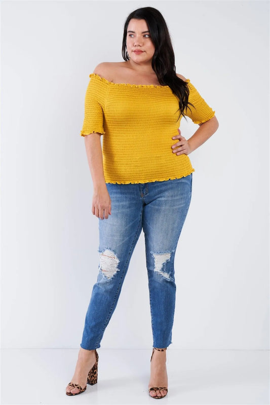 Plus Size Off The Shoulder Mustard Top /2-2-1 - Tasha Apparel Wholesale