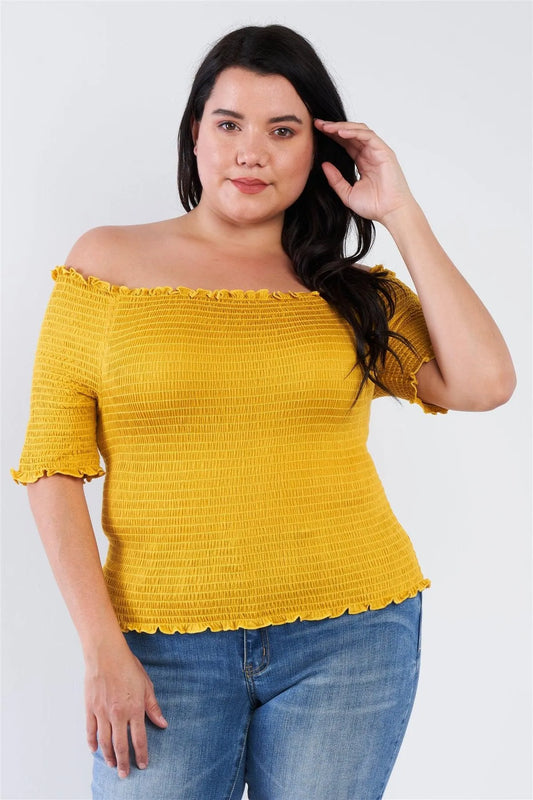 Plus Size Off The Shoulder Mustard Top /2-2-2 - Tasha Apparel Wholesale