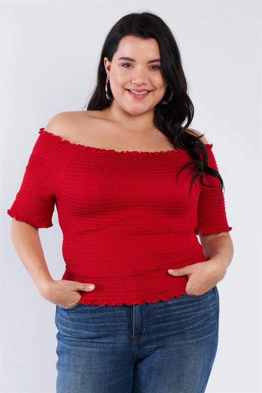 Junior Plus Size Off The Shoulder Red Top /1-2-3 - Tasha Apparel Wholesale