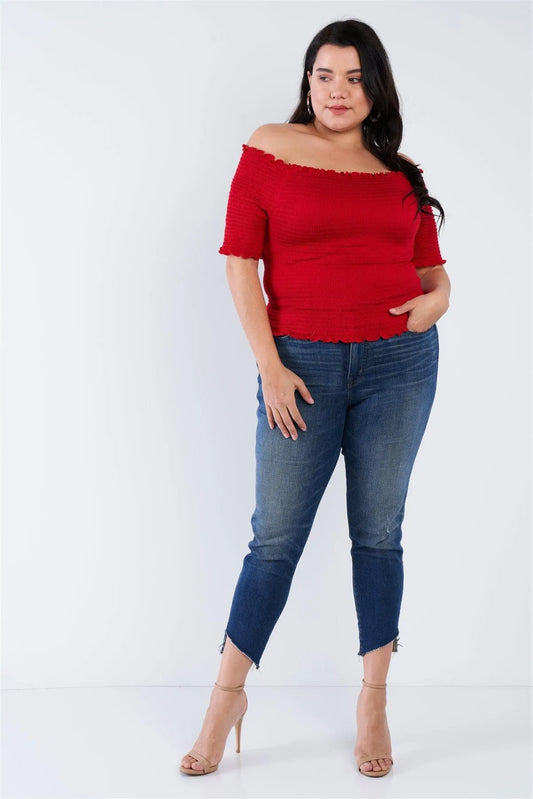 Junior Plus Size Off The Shoulder Red Top /2-2-2 - Tasha Apparel Wholesale