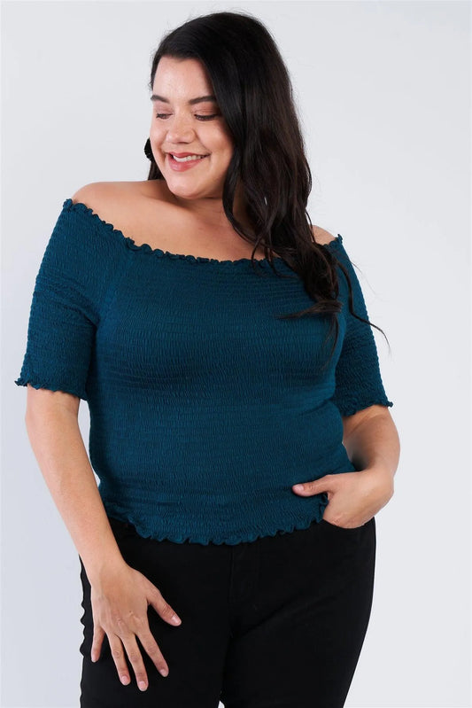 Junior Plus Size Off The Shoulder Teal Top /2-2-2 - Tasha Apparel Wholesale