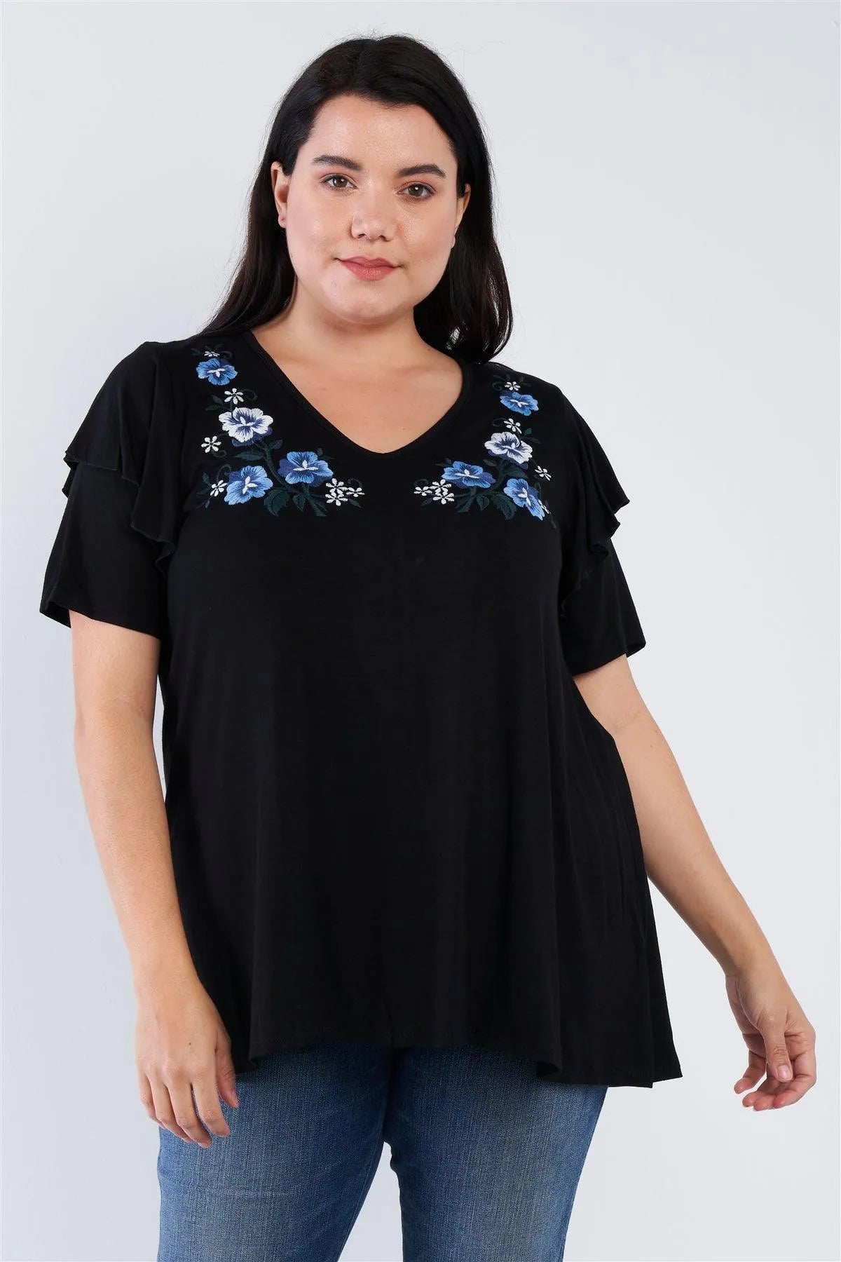 Black Floral Embroidered Plus Size Top /3-2-1 - Tasha Apparel Wholesale