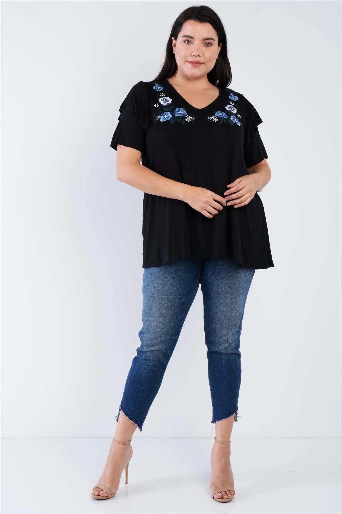 Black Floral Embroidered Plus Size Top /3-2-1 - Tasha Apparel Wholesale