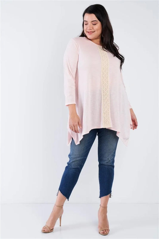 Junior Plus Size Blush Lace Embroidered Long Sleeve Top /1-2-2 - Tasha Apparel Wholesale