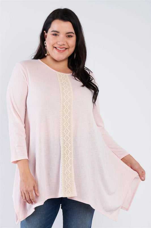 Junior Plus Size Blush Lace Embroidered Long Sleeve Top /2-2-2 - Tasha Apparel Wholesale