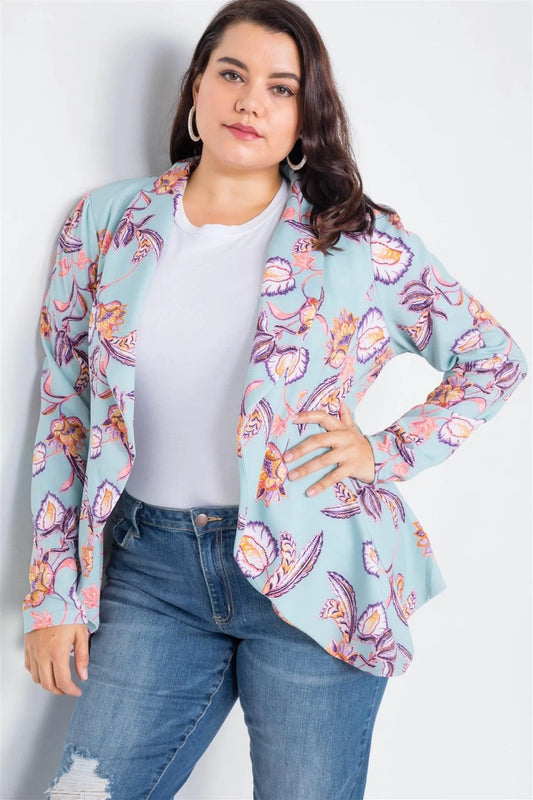 Plus Size Floral Print Blue Round Flounce Hem Blazer /2-2-1 - Tasha Apparel Wholesale