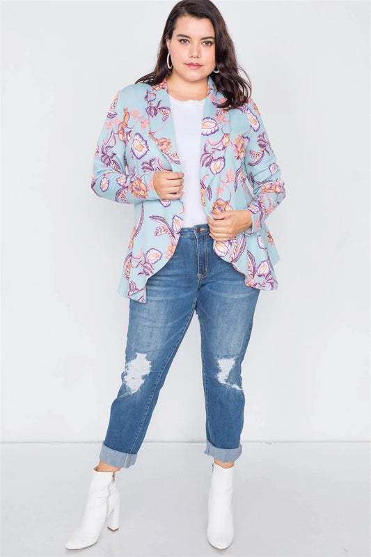 Junior Plus Size Floral Print Blue Round Flounce Hem Blazer /3-2-1 - Tasha Apparel Wholesale