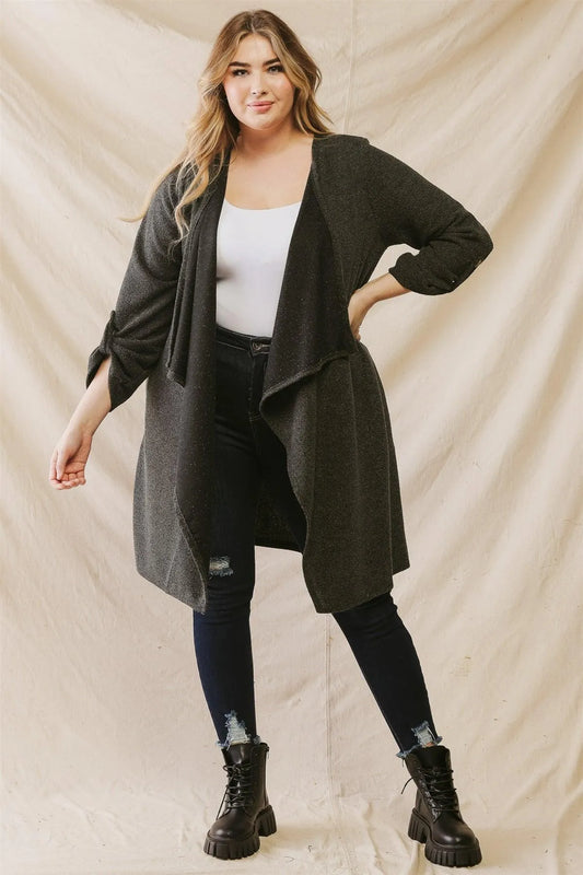 Junior Plus Charcoal Black Open Front Asymmetrical Hem Long Sleeve Relax Cardigan /1-1-1 - Tasha Apparel Wholesale
