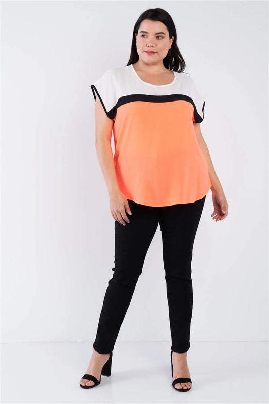 Junior Plus Size Neon Coral Colorblock Top /2-2-2 - Tasha Apparel Wholesale
