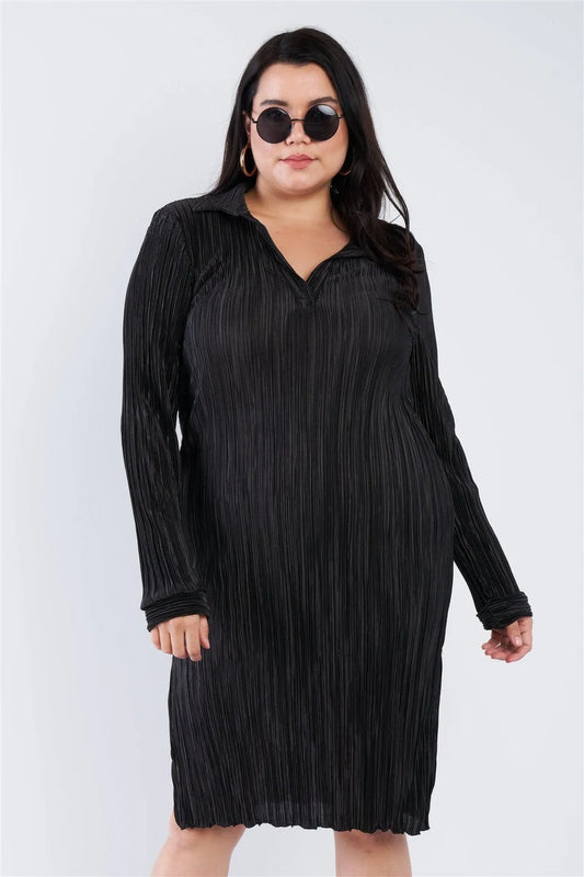 Junior Plus Size Black Ribbed Satin Side Slit Cut Out V-Neck Midi Dress /2-2 - Tasha Apparel Wholesale