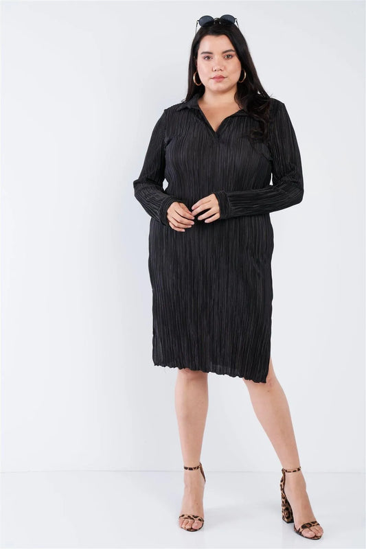 Junior Plus Size Black Ribbed Satin Side Slit Cut Out V-Neck Midi Dress /2-2-2 - Tasha Apparel Wholesale