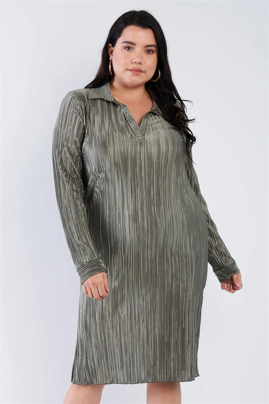 Junior Plus Size Sage Green Ribbed Satin Side Slit Cut Out V-Neck Midi Dress /2-2 - Tasha Apparel Wholesale