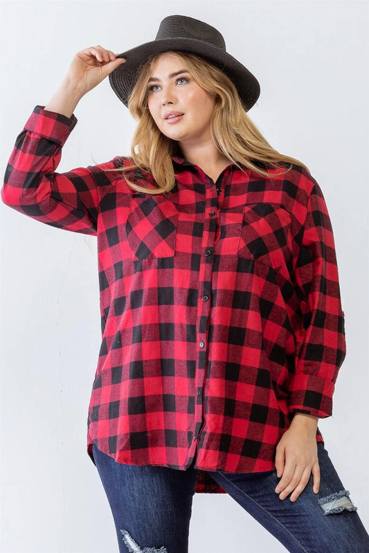 Junior Plus Red Combo Plaid Cotton Button-Up Two Pocket Collared Relax Top /1-1-1 - Tasha Apparel Wholesale