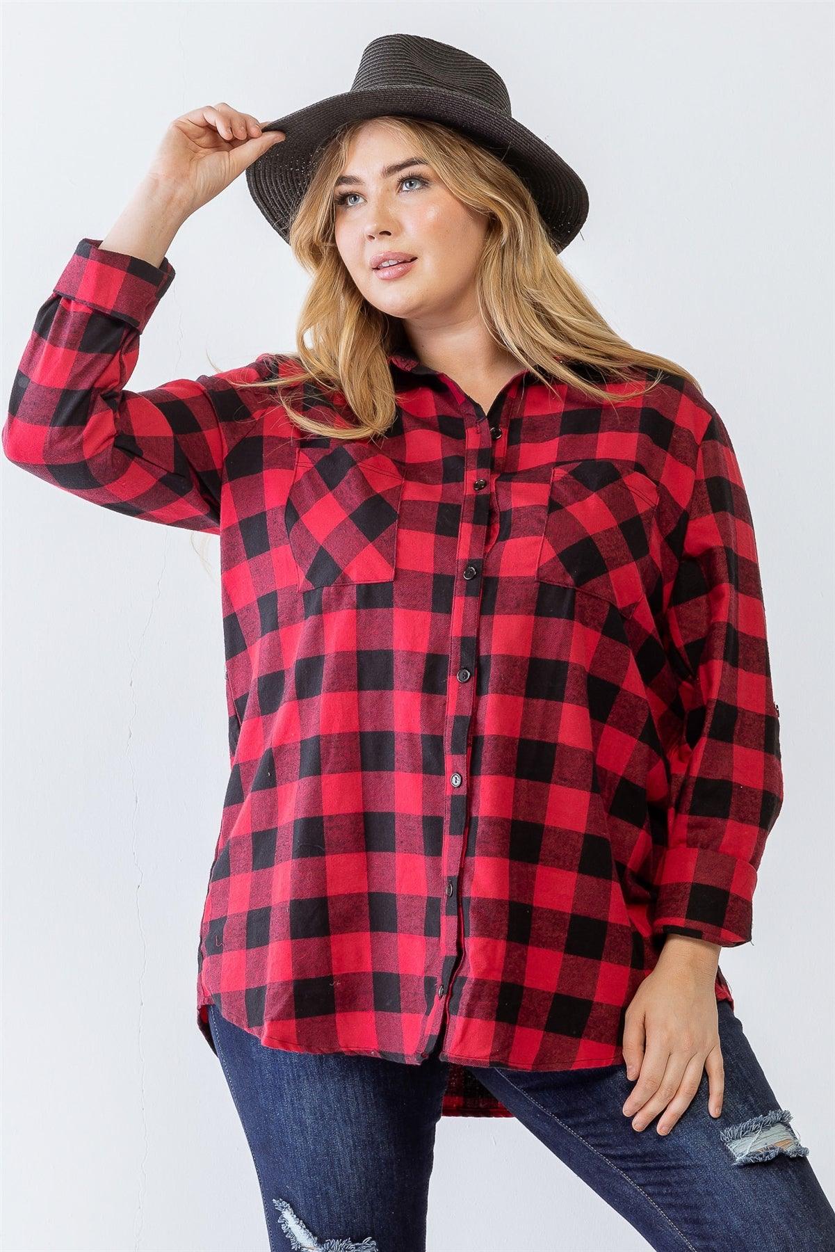 Junior Plus Red Combo Plaid Cotton Button-Up Two Pocket Collared Relax Top /2-1