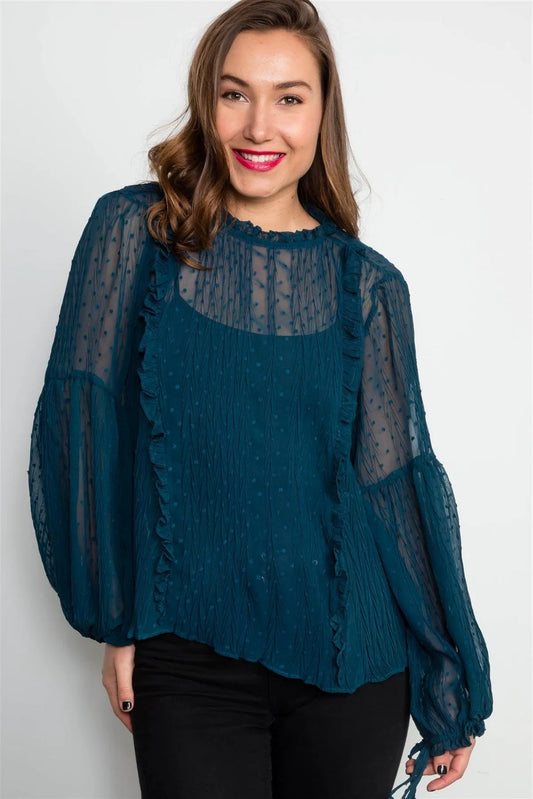 Teal Frill Trim Tie Sleeve Sheer Top /2-2-2 - Tasha Apparel Wholesale