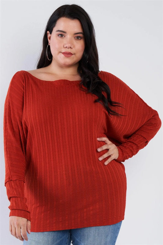 Junior Plus Size Bat Wing Rust Orange Knit Sweater Top /2-2-2 - Tasha Apparel Wholesale