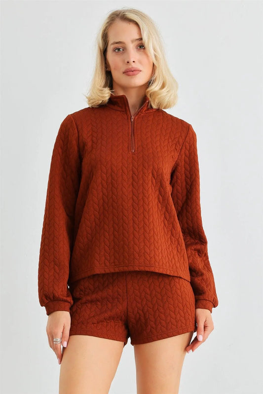 Rust Cable Zip-Up Mock Neck Long Sleeve Top & High Waist Shorts Set /2-2-2 - Tasha Apparel Wholesale