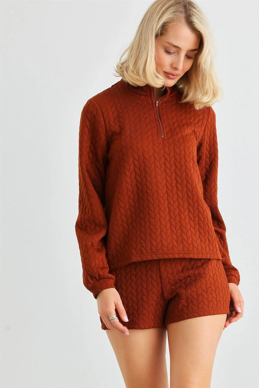 Rust Cable Zip-Up Mock Neck Long Sleeve Top & High Waist Shorts Set /2-2 - Tasha Apparel Wholesale