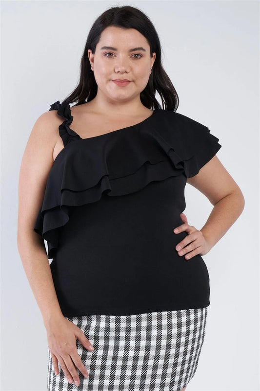 Junior Plus Size Black Off The Shoulder Ruffle Top - Tasha Apparel Wholesale