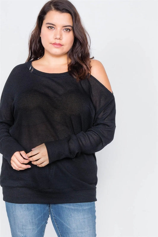 Junior Plus Size Sheer Black Cotton Could Shoulder Sweater /2-2-2 - Tasha Apparel Wholesale