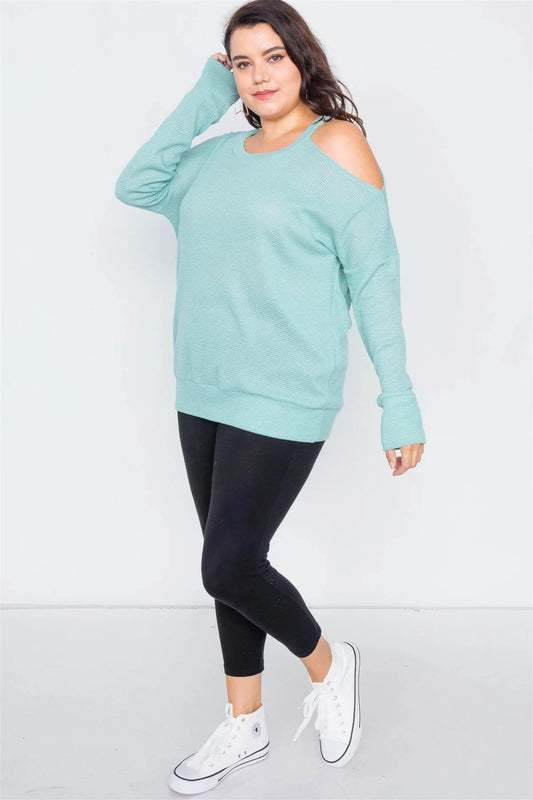 Junior Plus Size Sheer Mint Cotton Could Shoulder Top - Tasha Apparel Wholesale