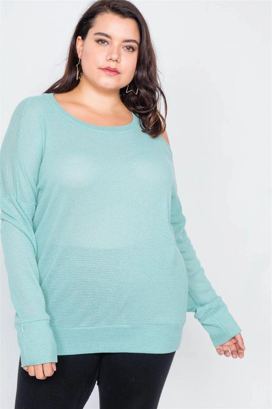 Junior Plus Size Sheer Mint Cotton Could Shoulder Sweater /2-2-2 - Tasha Apparel Wholesale