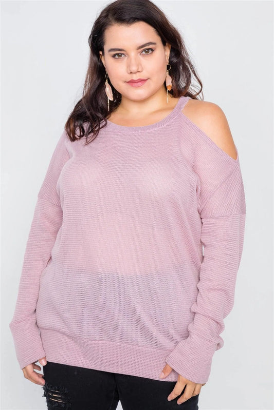 Plus Size Sheer Pink Cotton Could Shoulder Sweater - Tasha Apparel Wholesale