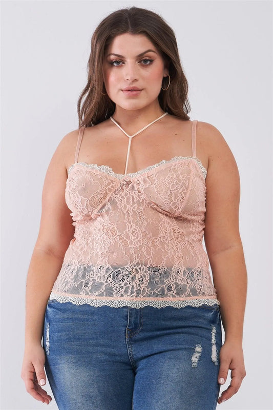 Junior Plus Size Dusty Rose Sleeveless Sheer Lace Halter Neck Detail Bustier Top /2-2-2 - Tasha Apparel Wholesale