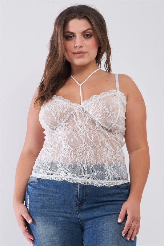 Junior Plus Size White Sleeveless Sheer Lace Halter Neck Detail Bustier Top /2-2-2 - Tasha Apparel Wholesale