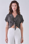 Olive Collared Short Sleeve Self-Tie Front Cropped Top /3-2-1