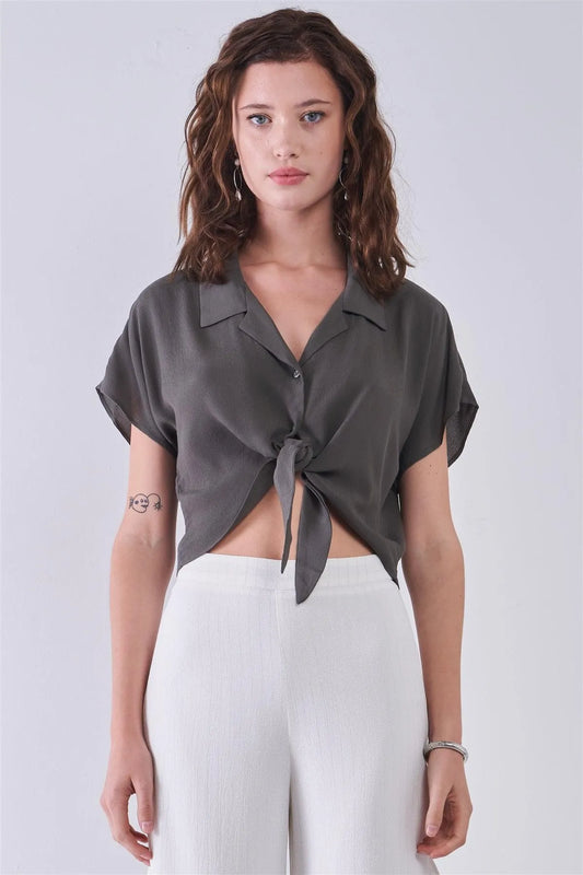 Olive Collared Short Sleeve Self-Tie Front Cropped Top /3-2-1 - Tasha Apparel Wholesale