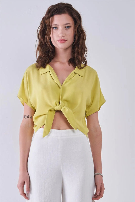 Pineapple Collared Short Sleeve Self-Tie Front Cropped Top - Tasha Apparel Wholesale