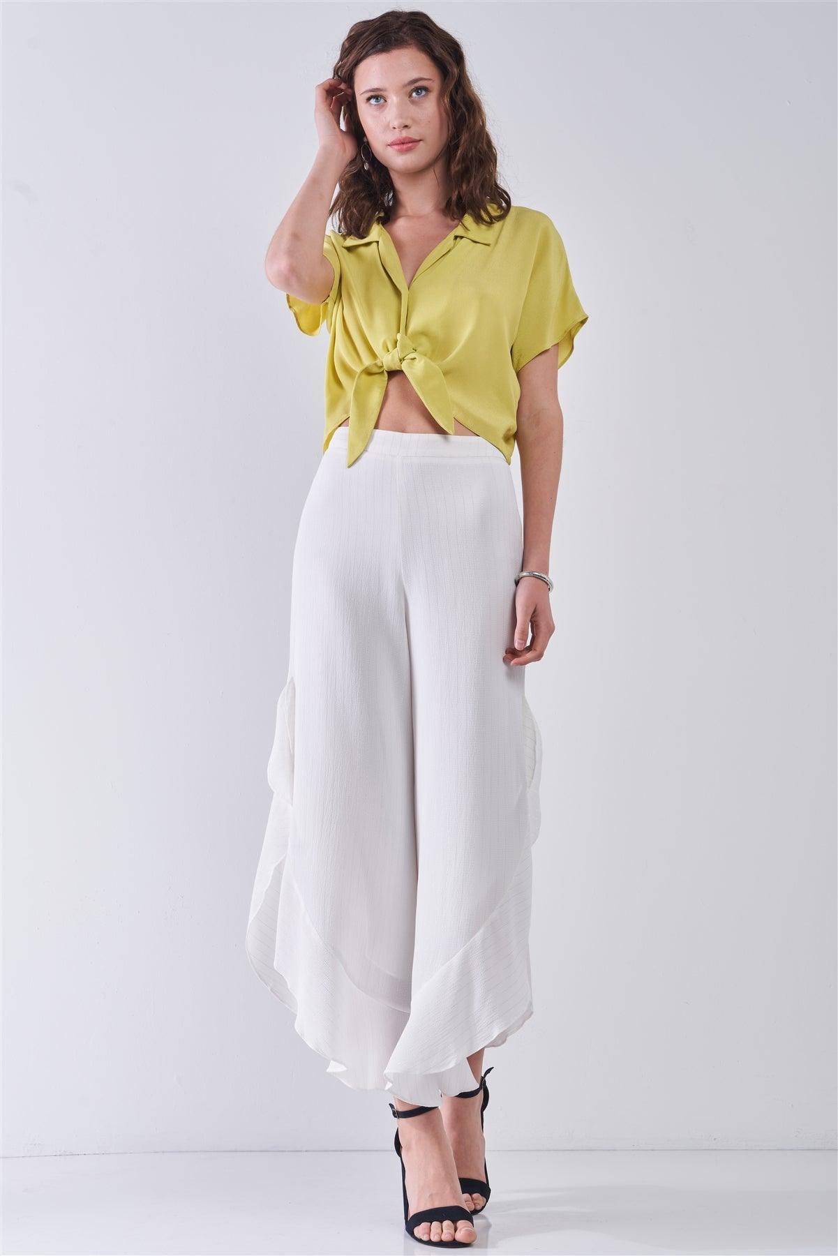Pineapple Collared Short Sleeve Self-Tie Front Cropped Top
